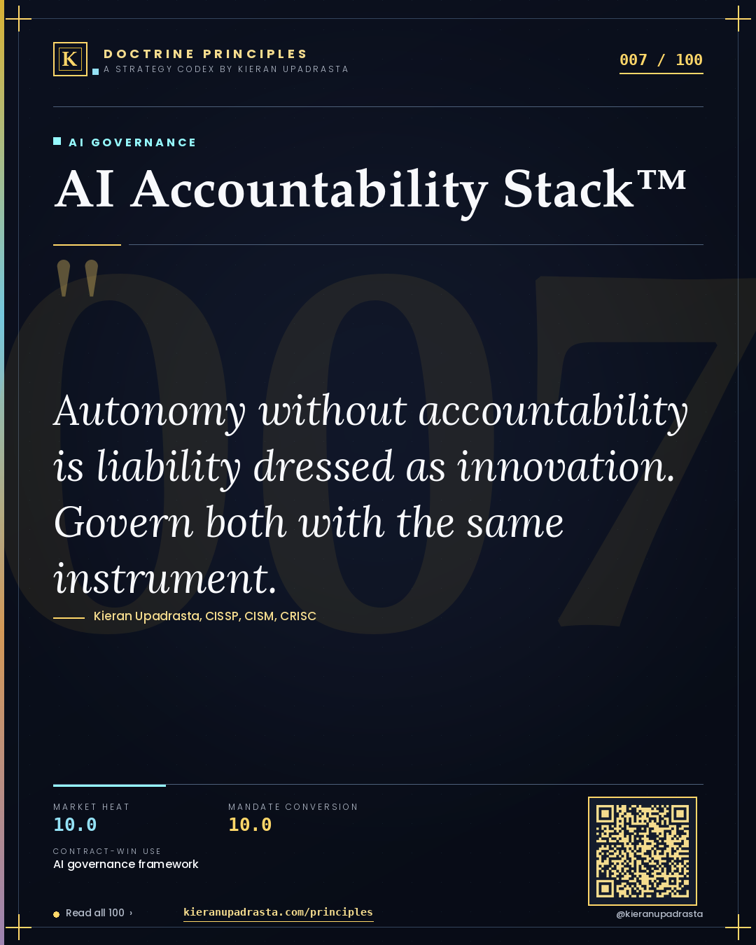 Principle 007: AI Accountability Stack™ — AI Governance doctrine card by Professor Kieran Upadrasta, CISSP CISM CRISC, Schiphol University