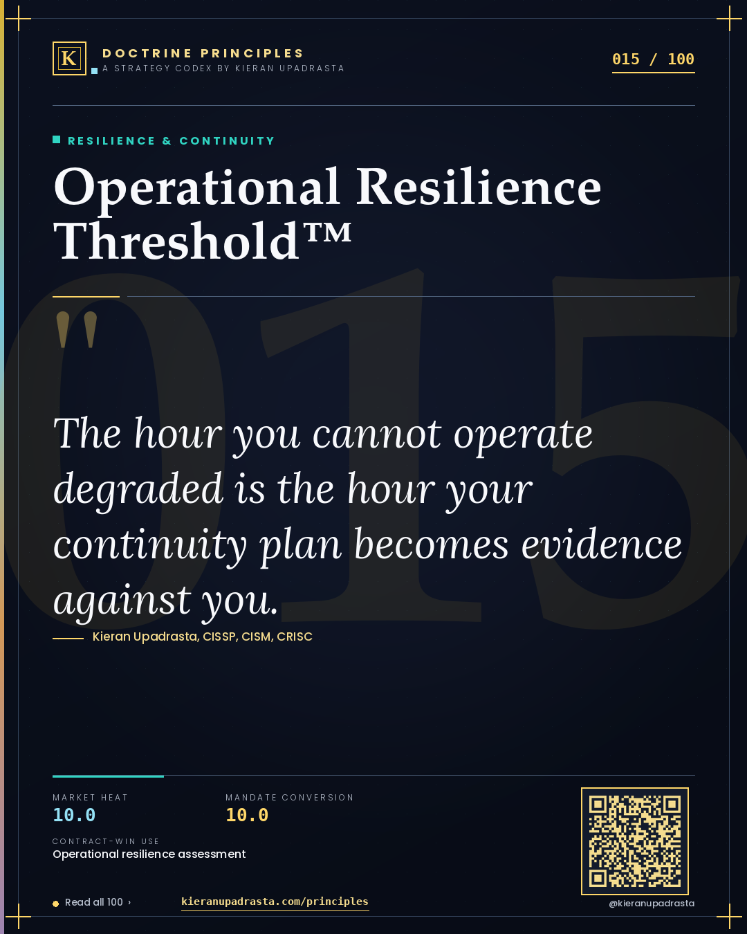 Principle 015: Operational Resilience Threshold™ — Resilience & Continuity doctrine card by Professor Kieran Upadrasta, CISSP CISM CRISC, Schiphol University