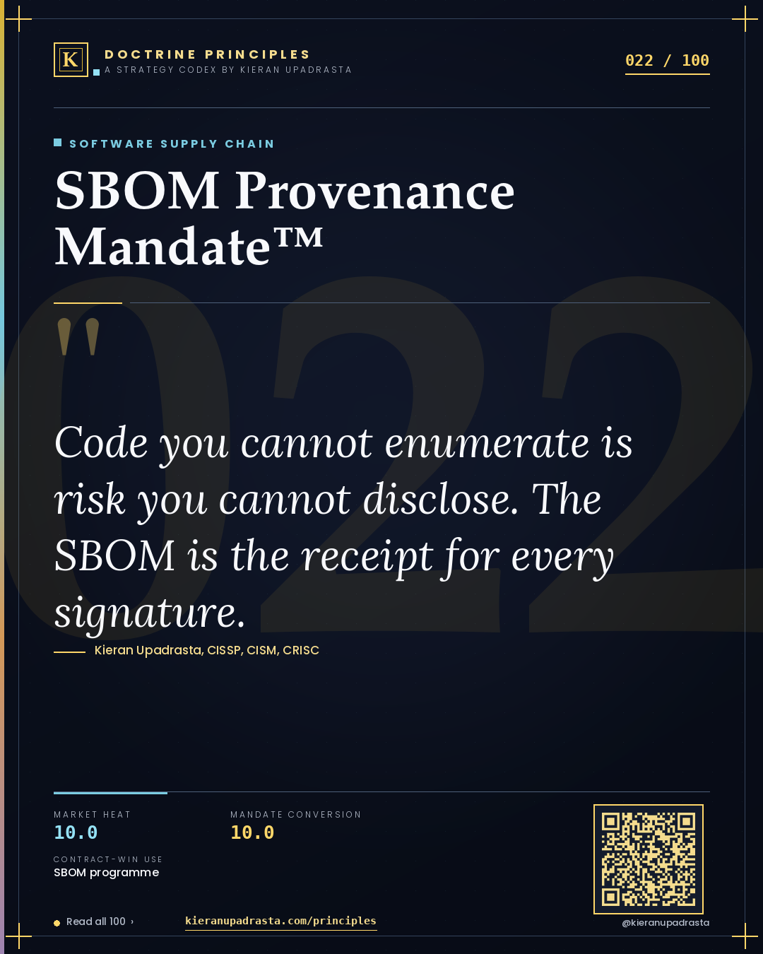 Principle 022: SBOM Provenance Mandate™ — Software Supply Chain doctrine card by Professor Kieran Upadrasta, CISSP CISM CRISC, Schiphol University
