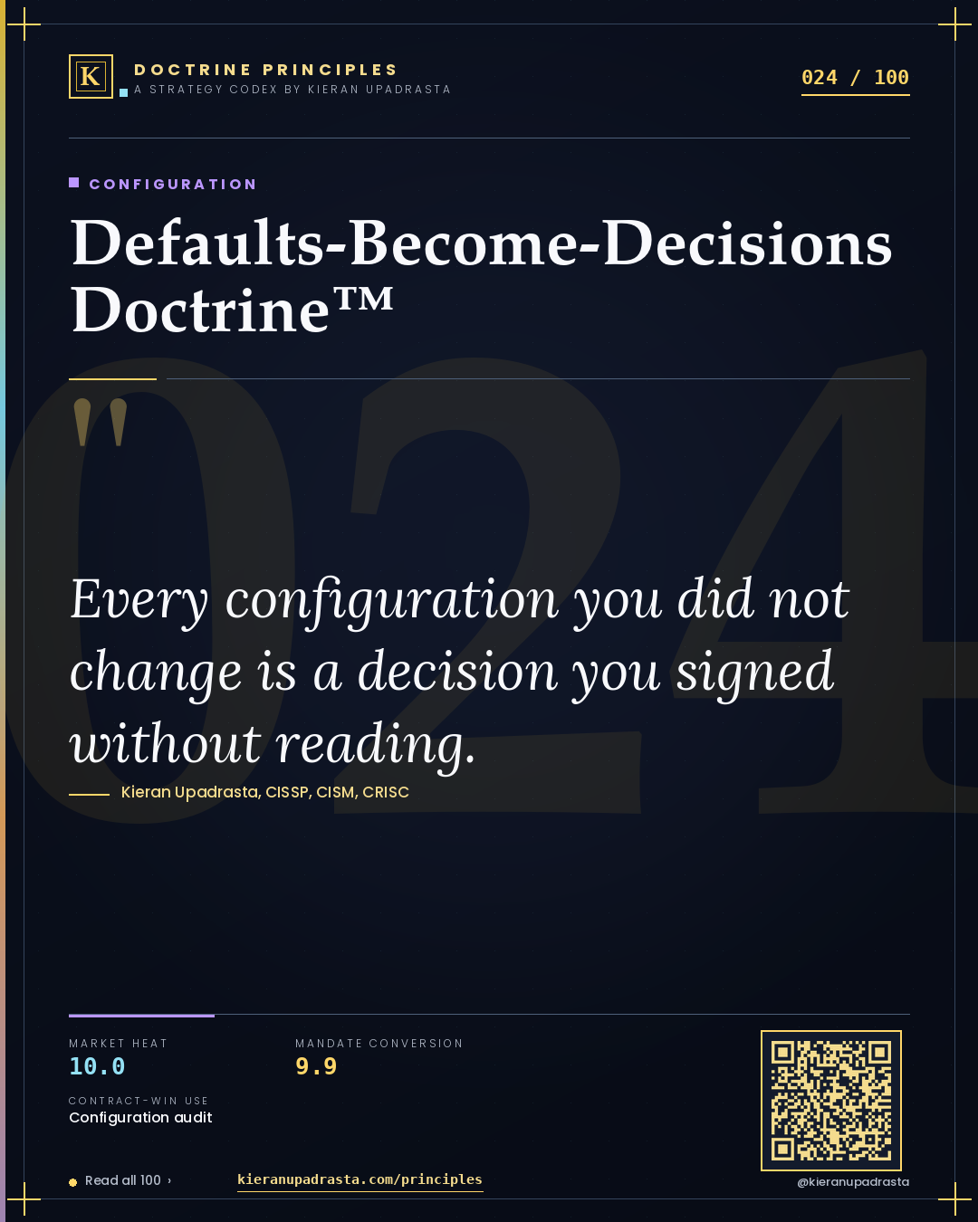 Principle 024: Defaults-Become-Decisions Doctrine™ — Configuration doctrine card by Professor Kieran Upadrasta, CISSP CISM CRISC, Schiphol University