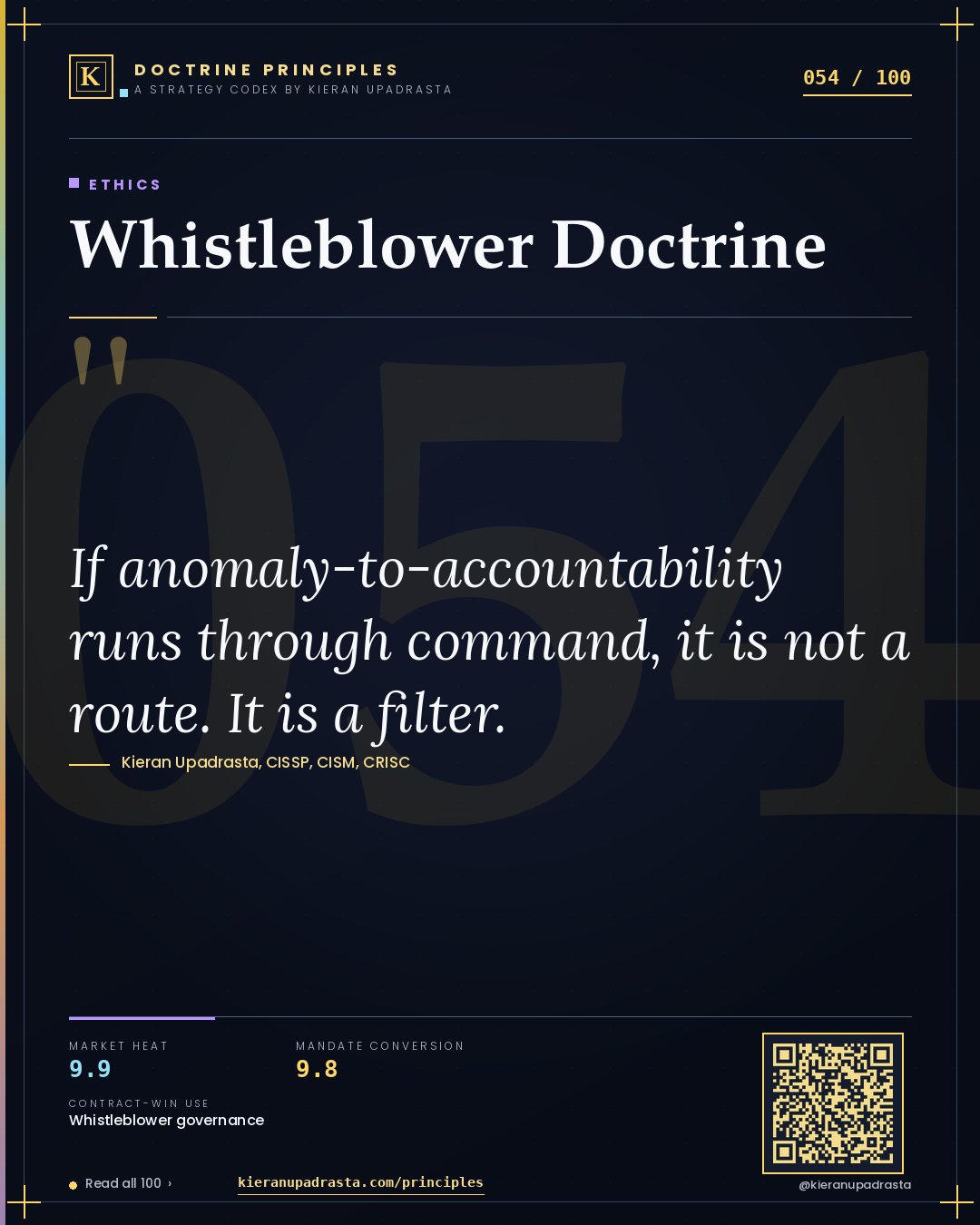 Principle 054: Whistleblower Doctrine — Ethics doctrine card by Professor Kieran Upadrasta, CISSP CISM CRISC, Schiphol University