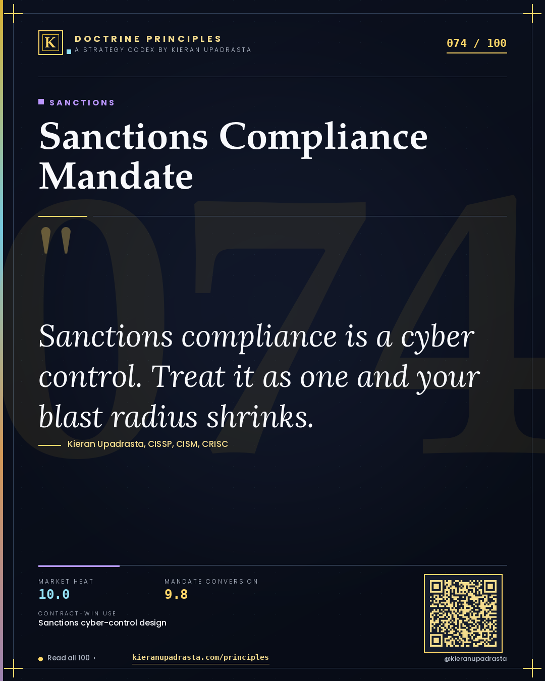 Principle 074: Sanctions Compliance Mandate — Sanctions doctrine card by Professor Kieran Upadrasta, CISSP CISM CRISC, Schiphol University