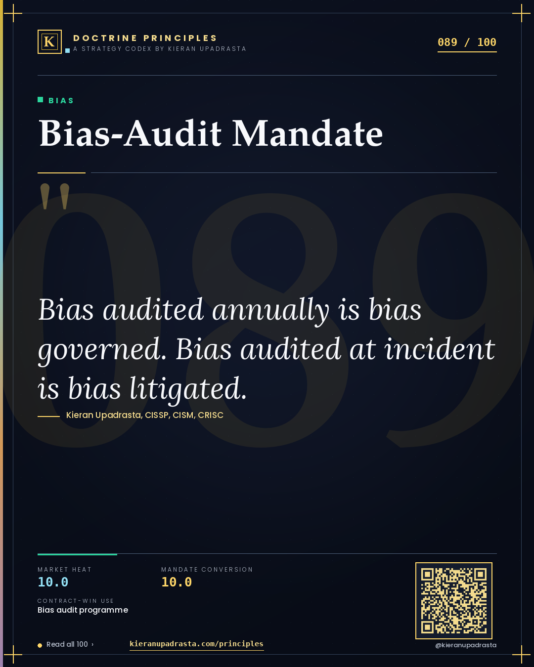 Principle 089: Bias-Audit Mandate — Bias doctrine card by Professor Kieran Upadrasta, CISSP CISM CRISC, Schiphol University
