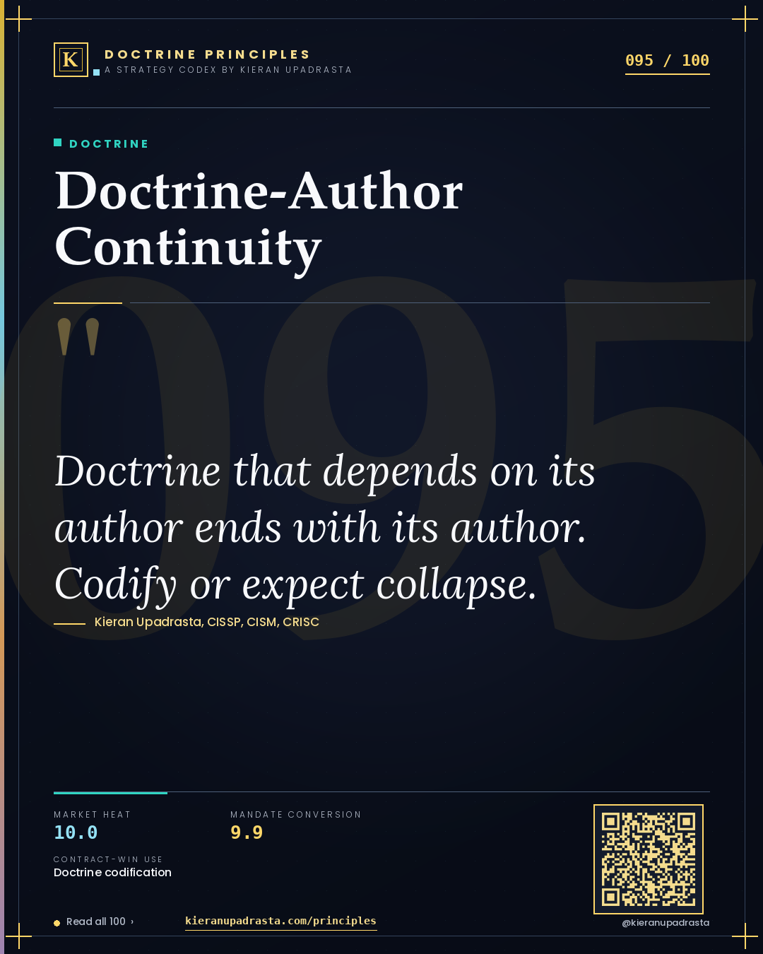 Principle 095: Doctrine-Author Continuity — Doctrine doctrine card by Professor Kieran Upadrasta, CISSP CISM CRISC, Schiphol University