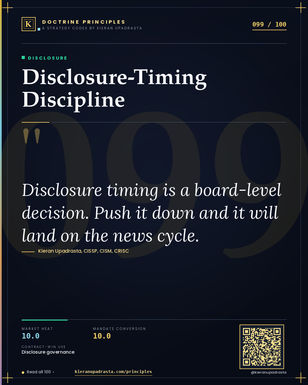 Principle 099: Disclosure-Timing Discipline — Disclosure doctrine card by Professor Kieran Upadrasta, CISSP CISM CRISC, Schiphol University